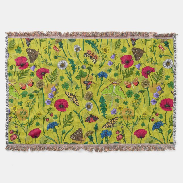Wild flowers and moths on green throw blanket (Front)