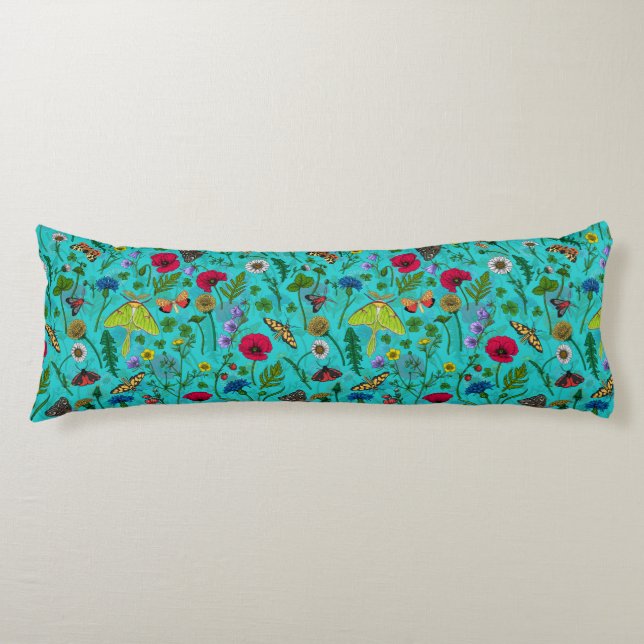 Wild flowers and moths on teal body pillow (Front)