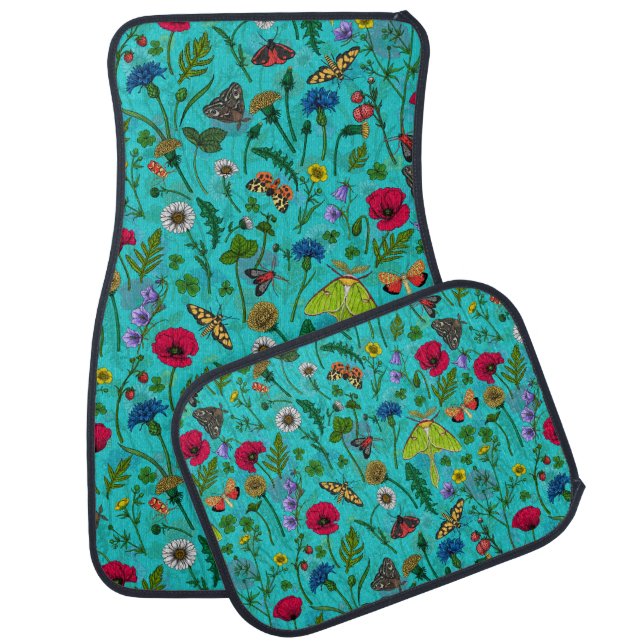 Wild flowers and moths on teal car floor mat (Set)