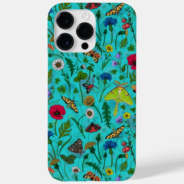 Wild flowers and moths on teal Case-Mate iPhone case (Back)