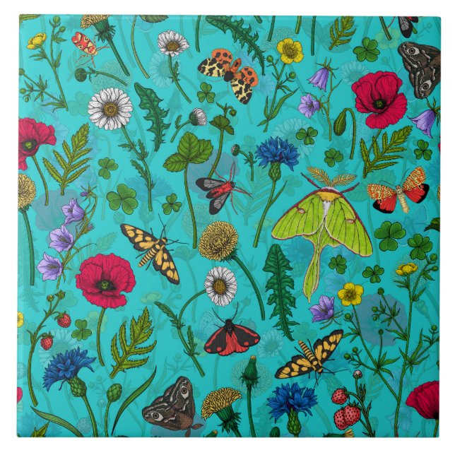 Wild flowers and moths on teal ceramic tile (Front)