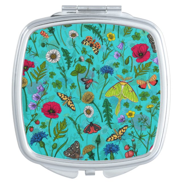 Wild flowers and moths on teal compact mirror (Front)