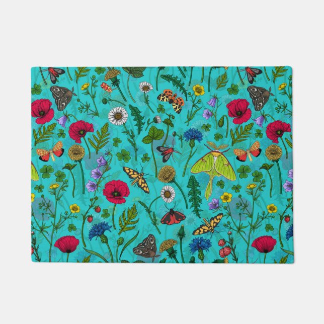Wild flowers and moths on teal doormat (Front)