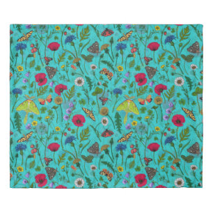 Wild flowers and moths on teal duvet cover