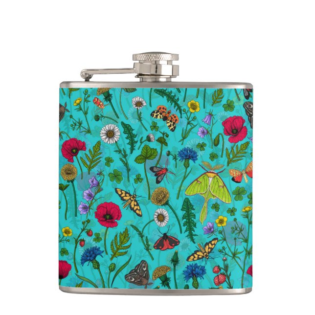 Wild flowers and moths on teal flask (Front)