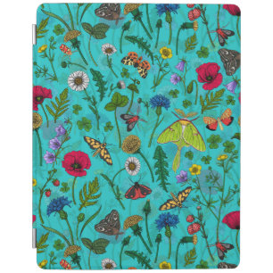 Wild flowers and moths on teal iPad smart cover