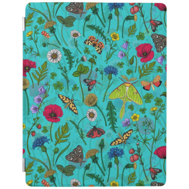 Wild flowers and moths on teal iPad smart cover (Front)