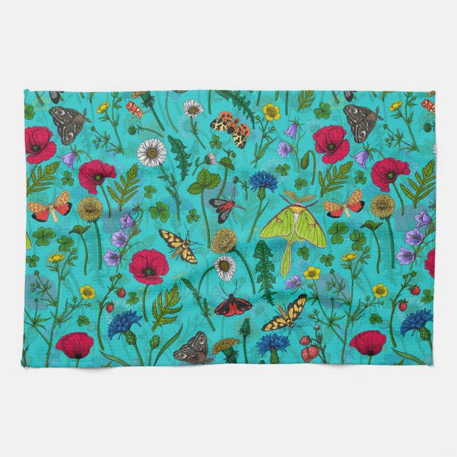 Wild flowers and moths on teal kitchen towel (Horizontal)