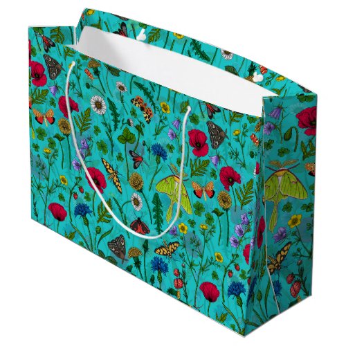 Wild flowers and moths on teal large gift bag
