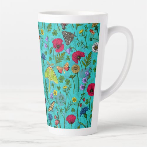 Wild flowers and moths on teal latte mug