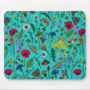 Wild flowers and moths on teal mouse pad
