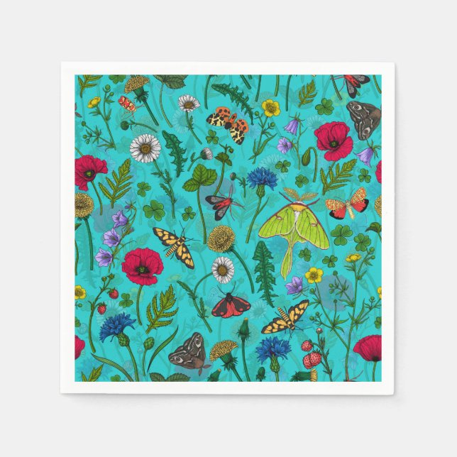 Wild flowers and moths on teal napkins (Front)