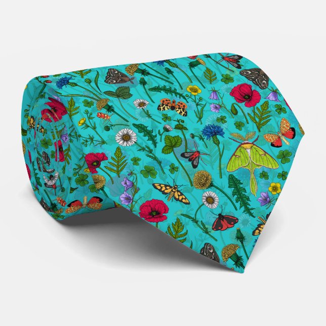 Wild flowers and moths on teal neck tie (Rolled)