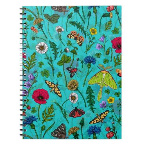 Wild flowers and moths on teal notebook