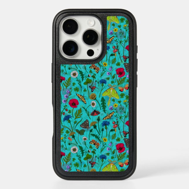 Wild flowers and moths on teal otterbox iPhone case (Back)