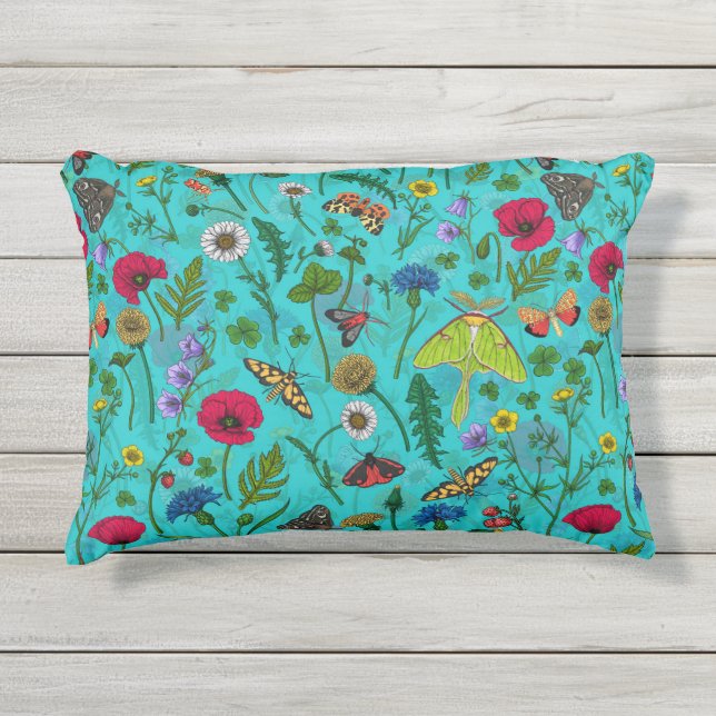 Wild flowers and moths on teal outdoor pillow (Front)