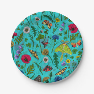 Wild flowers and moths on teal paper plates