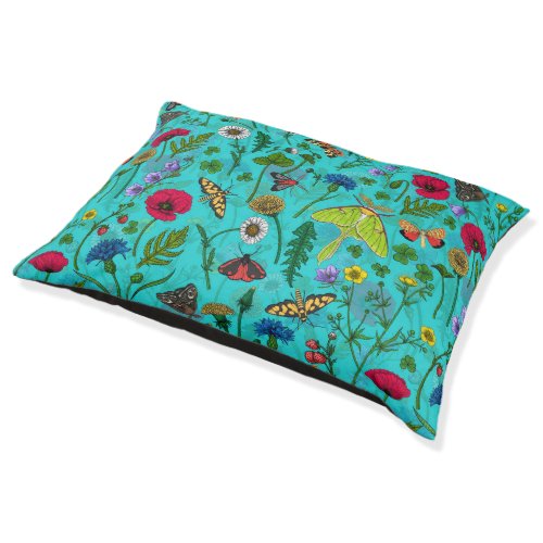 Wild flowers and moths on teal pet bed