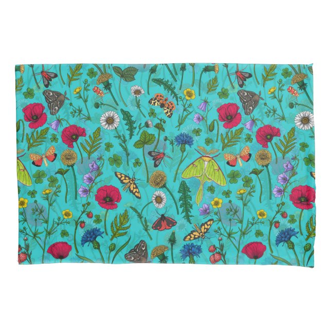 Wild flowers and moths on teal pillow case (Front-Left)