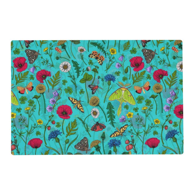 Wild flowers and moths on teal placemat (Front)