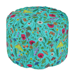 Wild flowers and moths on teal pouf