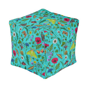 Wild flowers and moths on teal pouf