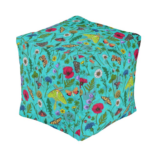 Wild flowers and moths on teal pouf (Angled Front)