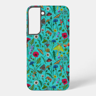 Wild flowers and moths on teal samsung galaxy s22+ case