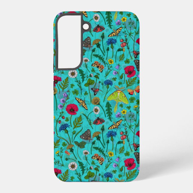 Wild flowers and moths on teal samsung galaxy case (Back)