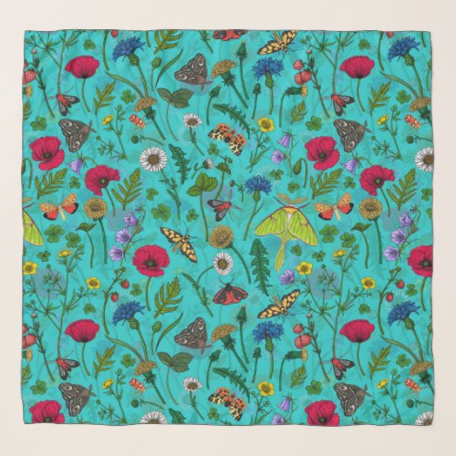 Wild flowers and moths on teal scarf