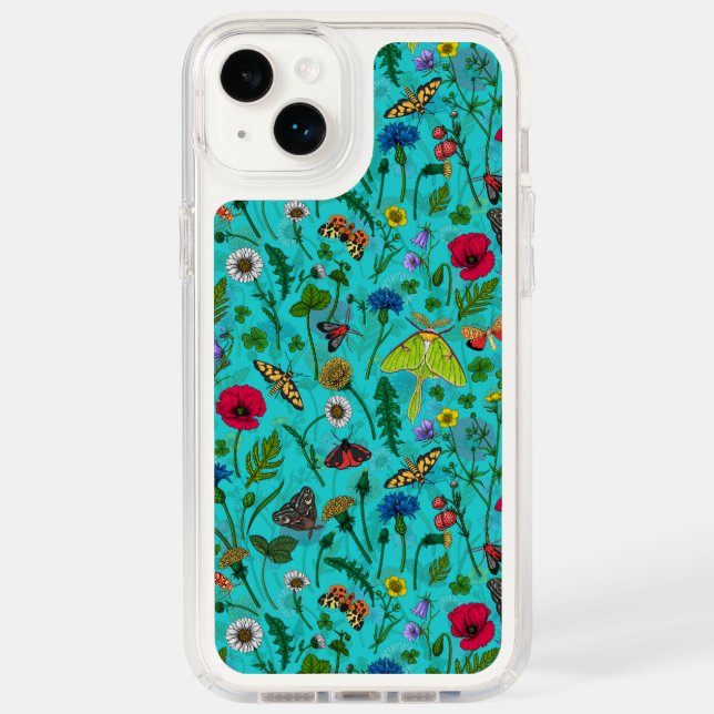 Wild flowers and moths on teal speck iPhone case (Front)