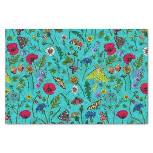 Wild flowers and moths on teal tissue paper