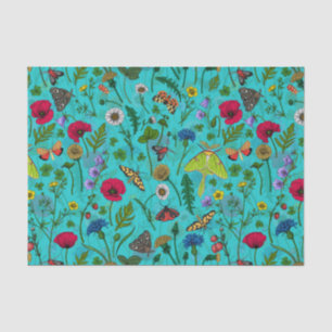 Wild flowers and moths on teal tissue paper