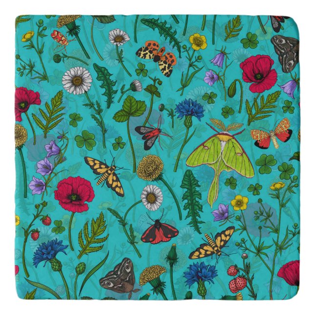 Wild flowers and moths on teal trivet (Front)