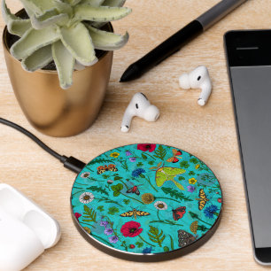 Wild flowers and moths on teal wireless charger 