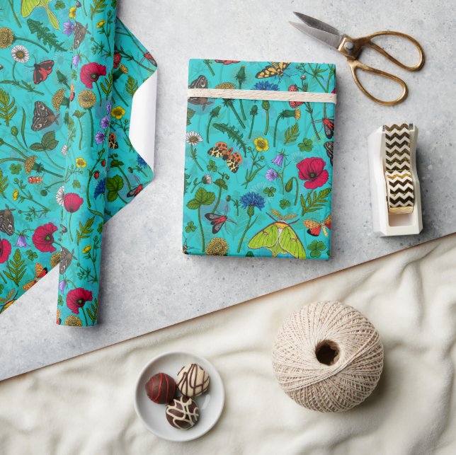 Wild flowers and moths on teal wrapping paper (Crafts)