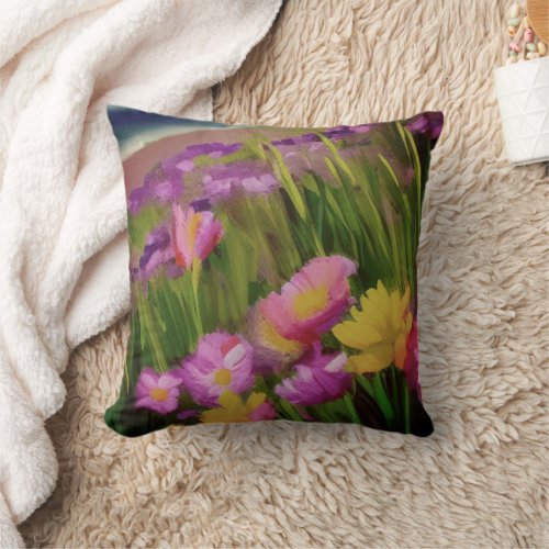 Wild Flowers At Dusk Watercolor Floral Art Throw Pillow