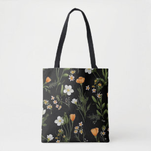 Wild Flowers Black Background Tote Bag