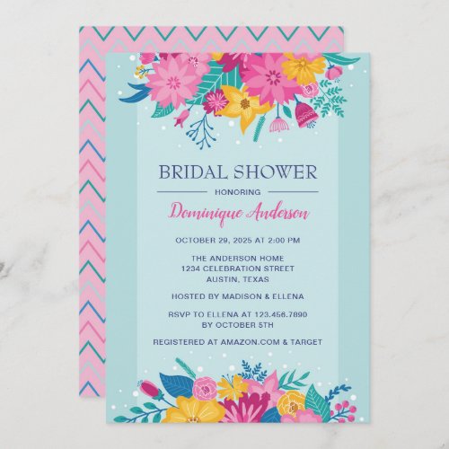 Wild Flowers Blue and Pink Bridal Shower Invitation