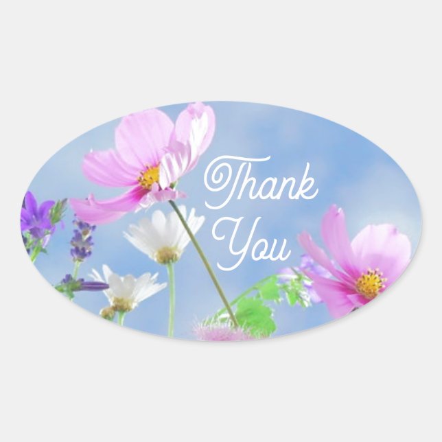 Wild Flowers Blue Sky Thank You Oval Sticker (Front)