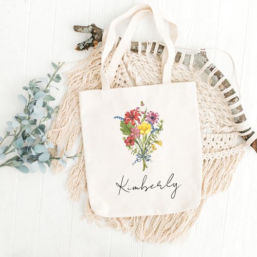 Wild Flowers Botanical Pattern Personalized Name Tote Bag