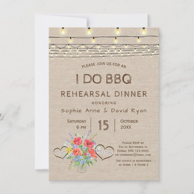 Wild Flowers Burlap I DO BBQ Rehearsal Dinner Invitation (Front)