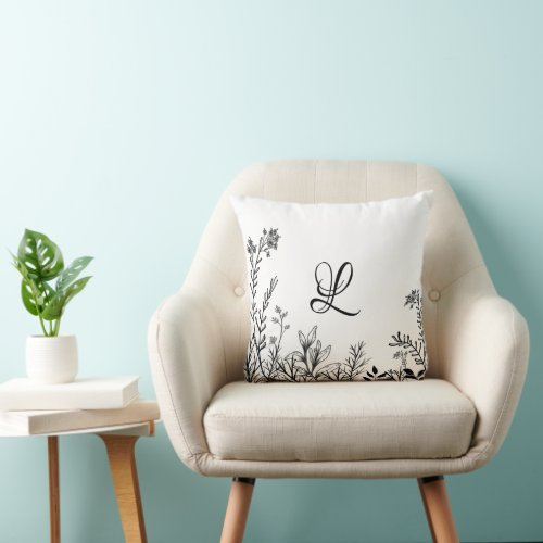 Wild Flowers Doodles Monogram Design Throw Pillow