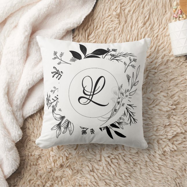 Wild Flowers Doodles Monogram Design Throw Pillow (Blanket)