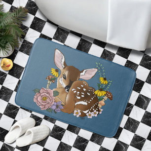 Wild Flowers Fawn Blue Bath Mat