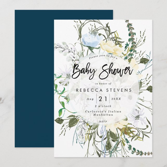 wild flowers floral navy baby shower invitation (Front/Back)