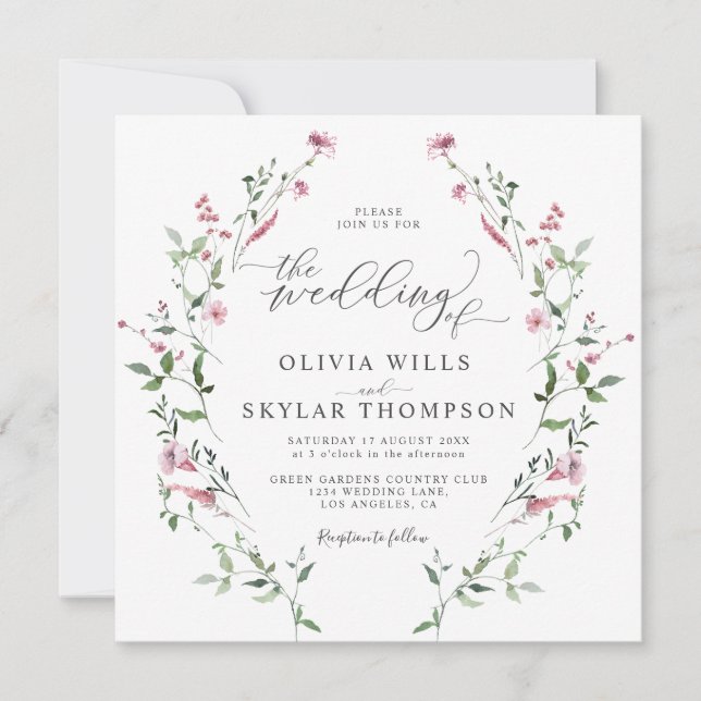 Wild Flowers Garden Blush Dusty Rose Boho Wedding Invitation (Front)
