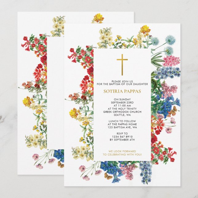Wild Flowers Greek Orthodox Christening Baptism Invitation (Front/Back)