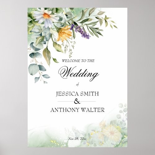 Wild flowers greenery floral wedding welcome sign