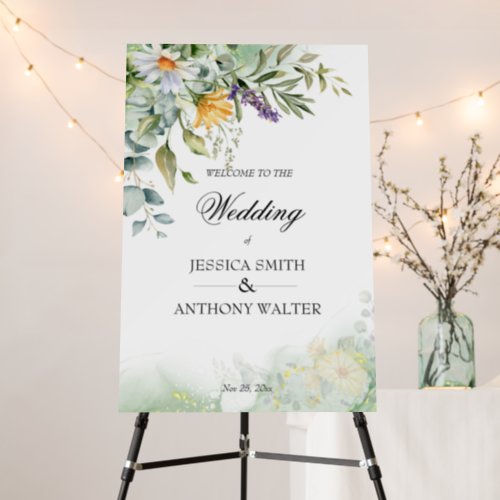 Wild flowers greenery floral wedding welcome sign